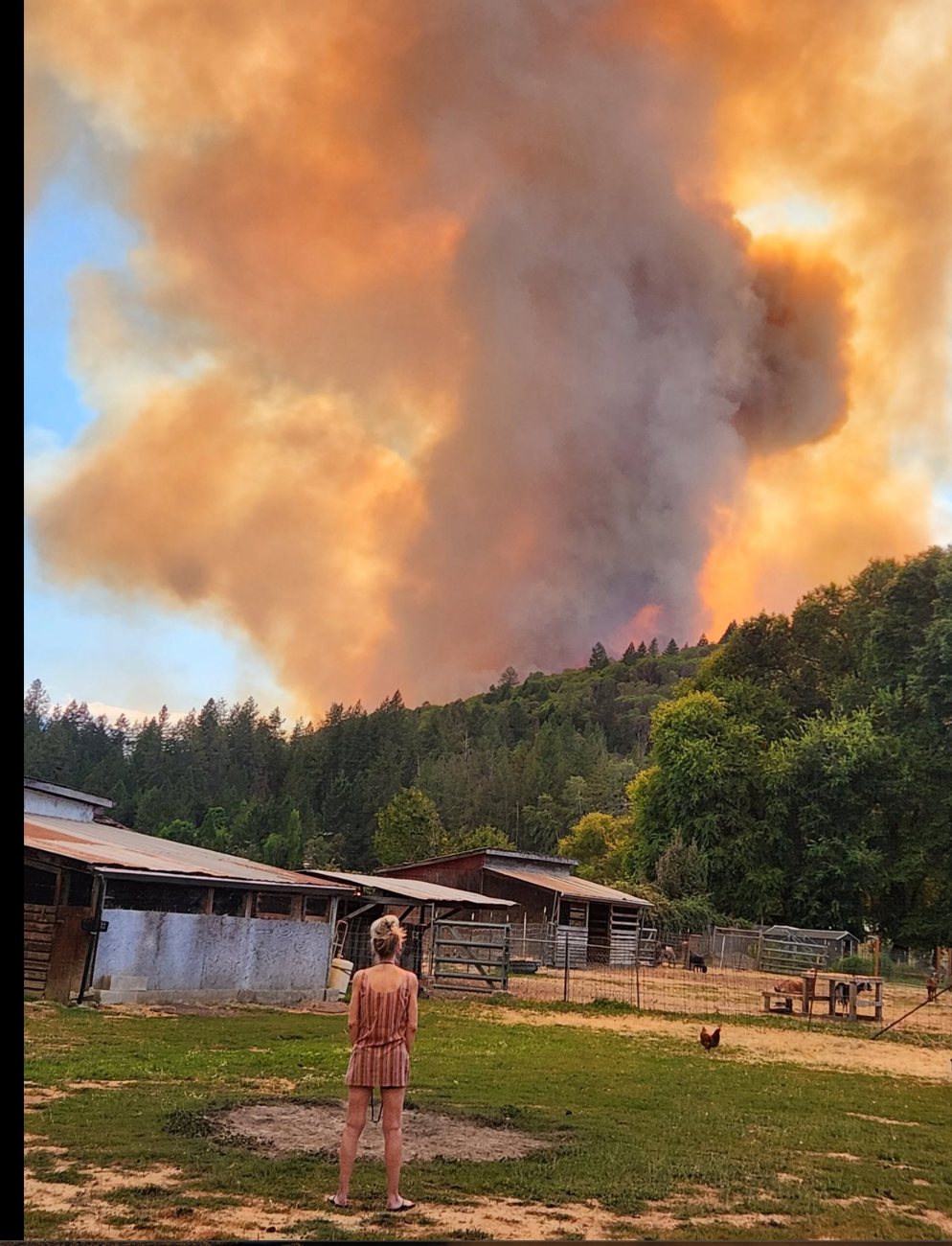 A woman stands in her farmyard watching a wildfire smoke column rise over the ridge behind her barns